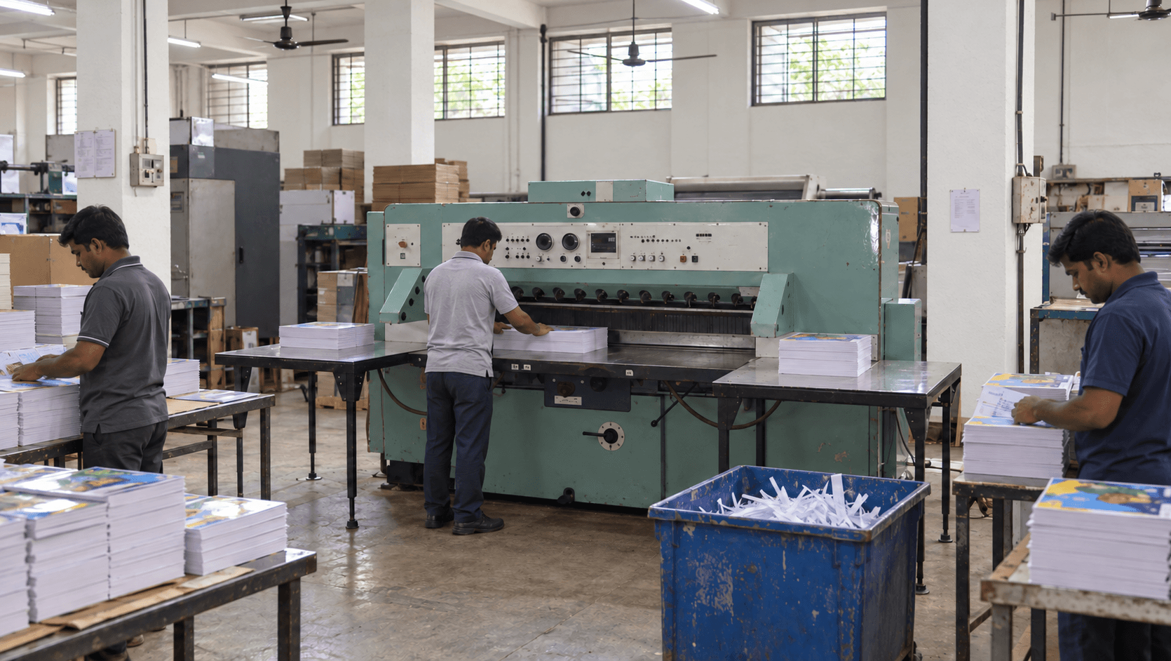 Cutting area with precision paper cutters and skilled operators